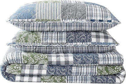 Eddie Bauer - Queen Quilt Set, Reversible Cotton Bedding with Matching Shams, Patchwork Luxurious Bedding Set with Plaid Reverse (Cozy Plaid Patchwork Blue/Green, Queen)