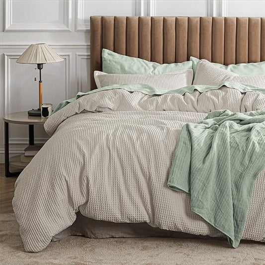 Bedsure Waffle Comforter Set King, Linen Soft Bedding, Waffle Weave Bed Set, 3 Pieces, 1 Comforter (104"x90") and 2 Pillow Shams, Cotton Shell and Polyester Lining for All Seasons