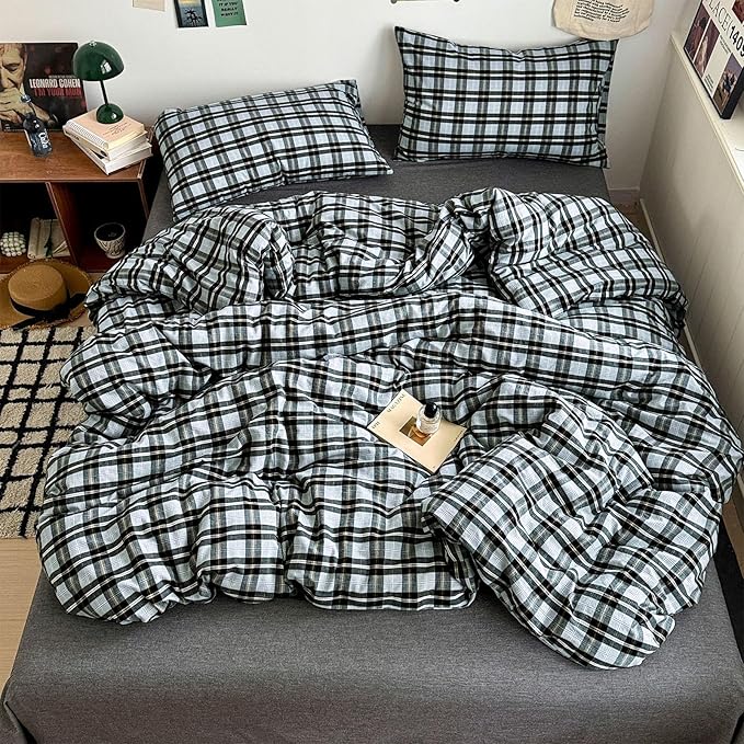 VM VOUGEMARKET Black Grey Plaid Duvet Cover Set King,3 Pieces Washed Cotton Bedding Set,Breathable Luxury Grid Duvet Cover with 2 Pillowcases
