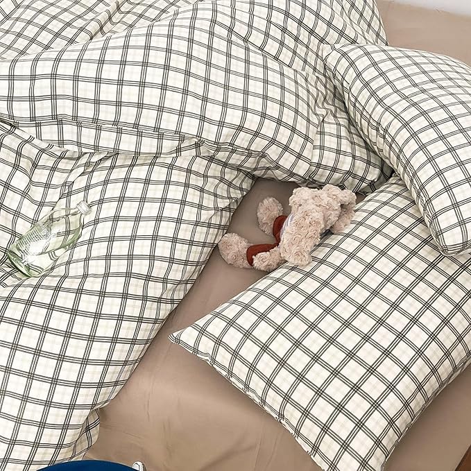 LifeTB Vintage Grey Plaid Duvet Cover Gingham Bedding Set Twin XL 100% Cotton Muslin Duvet Cover Grey Green Plaid Checkered Comforter Cover Linen Like Gauze Breathable Soft Farmhouse Grid Bedding Set