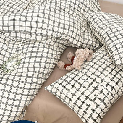 LifeTB Vintage Grey Plaid Duvet Cover Gingham Bedding Set Twin XL 100% Cotton Muslin Duvet Cover Grey Green Plaid Checkered Comforter Cover Linen Like Gauze Breathable Soft Farmhouse Grid Bedding Set