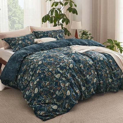 Bedsure Duvet Cover Queen Size - Reversible Floral Duvet Cover Set with Zipper Closure, 3 Pieces Navy Blue Bedding Set with 8 Corner Ties and 2 Pillow Shams 20"x26"