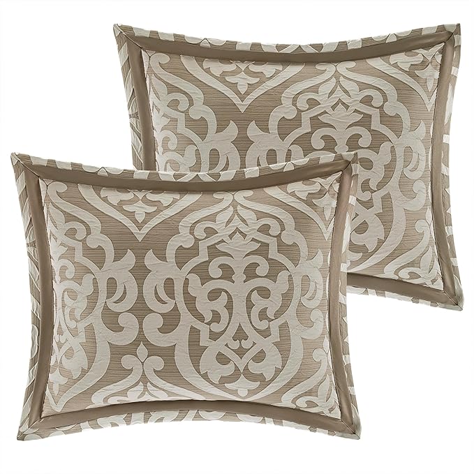 Madison Park Odette Cozy Comforter Set Jacquard Damask Medallion Design - Modern All Season, Down Alternative Bedding, Shams, Decorative Pillows, Queen(90 in x 90 in), Tan 8 Piece