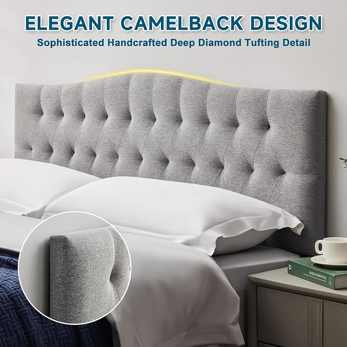 Tufted Upholstered King Size Headboard Only, Adjustable 38-50 in, Gray | King Headboard for King Size Bed, Durable Linen Fabric Headboards, Modern Diamon Design Wood Head Board