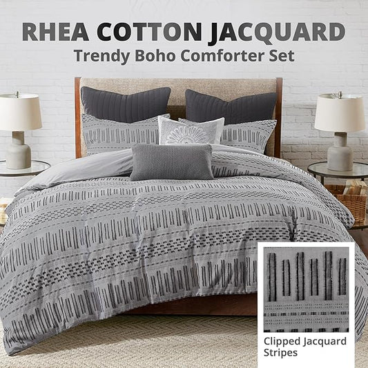 INK+IVY Luxurious Cotton-Bedding Set - Mid Century Trendy Geometric Design, All Season Cozy-Cover With Matching-Shams, King/Cal King, Rhea Jacquard Grey/Black