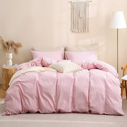 TOCOMOA Pink Gingham Duvet Cover Bedding Set 100% Washed Cotton Like Linen Feel Super Soft Comfortable 3 Piece Cute Plaid Checkered Comforter Cover Set (Full 80"x90", Comforter Not Included)