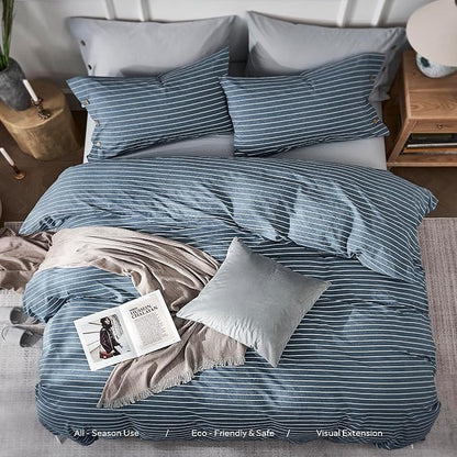 JELLYMONI Cotton Duvet Cover Oversized Queen Size - Blue Pinstriped Comforter Cover with Button 100% Washed Cotton 3PCS Breathable Soft Solid Bedding Set Duvet Cover 98×98in & 2 Pillowcases