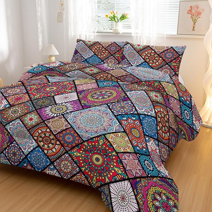 Colorful Bohemian Comforter Sets Full Size,Retro Grid Bedding Set for Your Room,Abstract Soft Lightweight Quilted Set All Season,1 Comforter and 2 Pillowcases