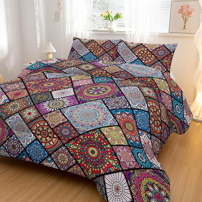 Colorful Bohemian Comforter Sets Queen Size,Retro Grid Bedding Set for Your Room,Abstract Soft Lightweight Quilted Set All Season,1 Comforter and 2 Pillowcases