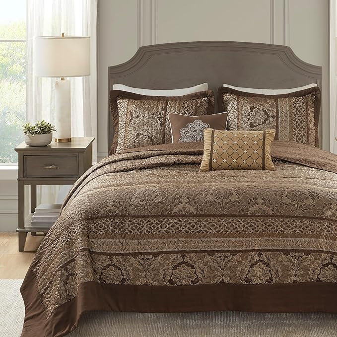 Madison Park Bellagio Reversible Quilted Bedspread Set, Solid Reverse Summer Breathable, Lightweight All Season Bedding Layer, Matching Shams, Bedspread Queen(102"x118"), Brown 5 Piece