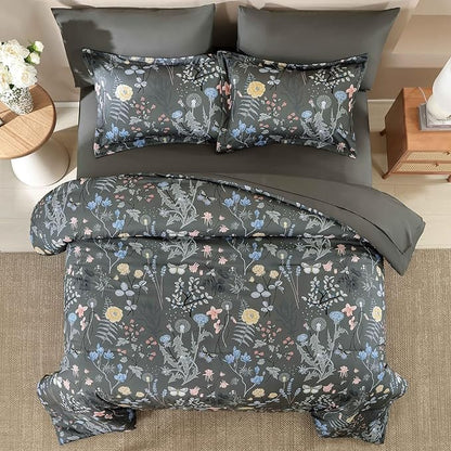 Yiran 7 Piece Grey Floral Comforter Set Queen Size, Botanical Flowers Bed in a Bag Queen, Soft Microfiber Complete Bedding Set with Sheets for All Season