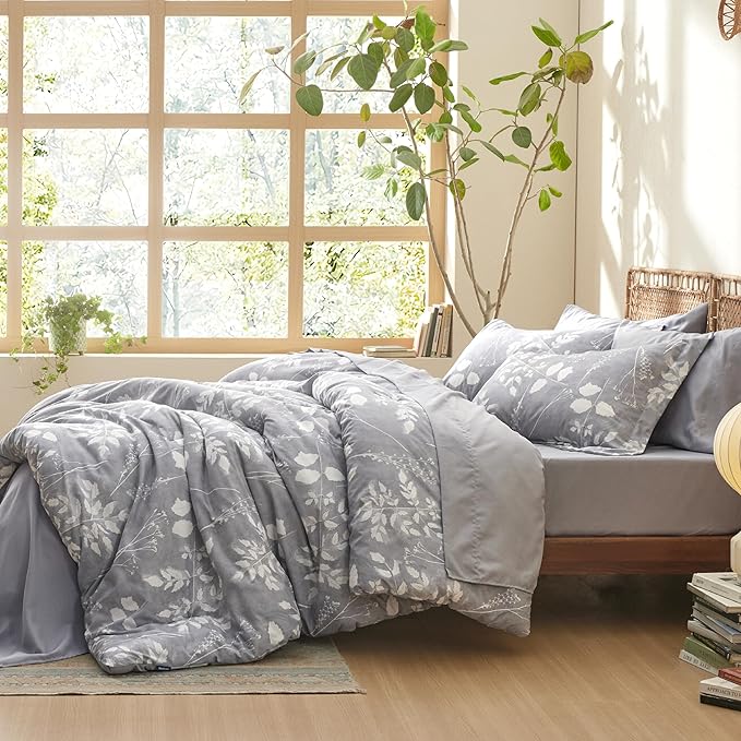 Bedsure King Size Comforter Set - 7 Pieces Floral Grey Soft Bedding Sets, King Bed in a Bag with Botanical Flowers Comforter, Sheets, Pillowcases & Shams