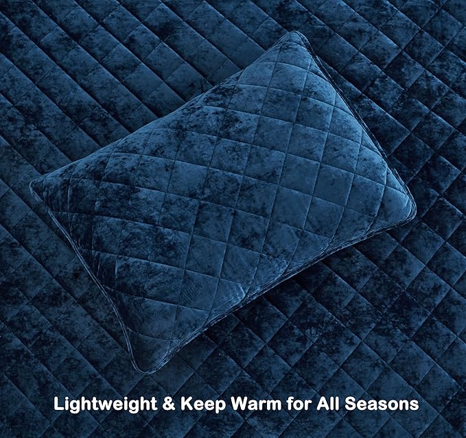 Chezmoi Collection Lux Navy Blue Velvet Quilt Oversized King Set, 3-Piece Plush Distressed Velvet Bedding All Season Lightweight Comforter Brushed Microfiber Reverse with Diamond Stitch Quilting