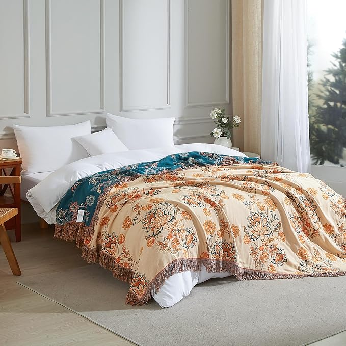 Boho Throw Blanket for Bed 80”x90”, 100% Cotton Woven Blanket for Couch Sofa, Ultra Soft 4-Layer Muslin Quilt with Floral Printed, Farmhouse Bed Blanket/Cover for Living Room Decor