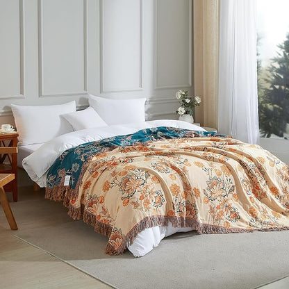 Boho Throw Blanket for Bed 80”x90”, 100% Cotton Woven Blanket for Couch Sofa, Ultra Soft 4-Layer Muslin Quilt with Floral Printed, Farmhouse Bed Blanket/Cover for Living Room Decor