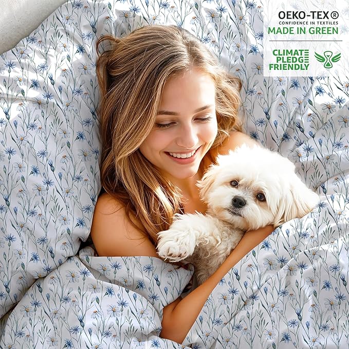 RUVANTI 100% Organic Cotton Sheets Split King, Percale Weave, GOTS Certified, 5-Piece Set, Deep Pocket 15", Crisp & Breathable, Soft Durable Bedding, Sábanas Algodón Orgánico – Daisy Bud