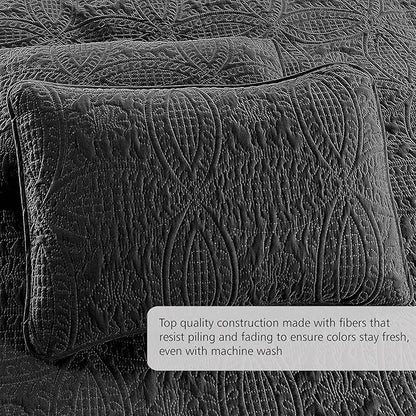 Pure Bedding Quilt Set King/Cal King/California King Size Black - Oversized Bedspread - Soft Microfiber Lightweight Coverlet for All Season - 3 Piece Includes 1 Quilt and 2 Shams, Geometric Pattern