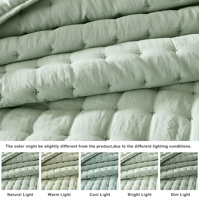 WDCOZY Sage Green Queen Size Quilts Bedding Sets with 2 Pillow Shams, Lightweight Soft Bedspread Coverlet, Quilted Blanket Thin Comforter Bed Cover for All Season, 3 Pieces, 90x90 inches