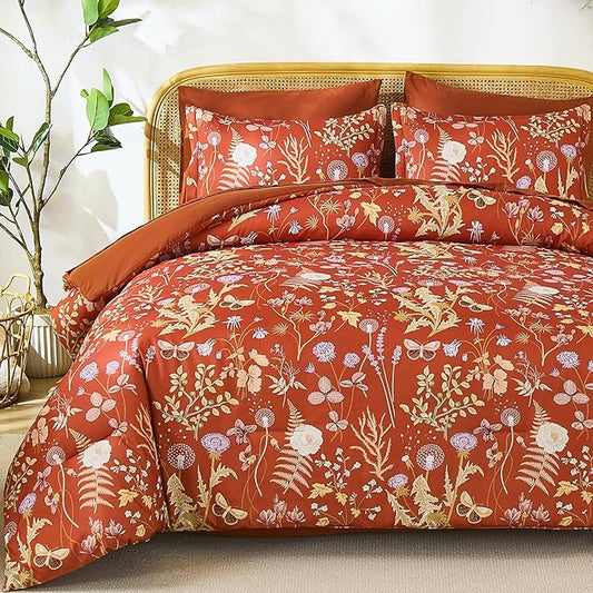 Yiran Queen Comforter Set 7 Piece,Burnt Orange Floral Bedding Set, Bed in a Bag Queen Size with Botanical Flowers Spring, Soft Lightweight Terracotta Comforters with Sheets Complete for All Season