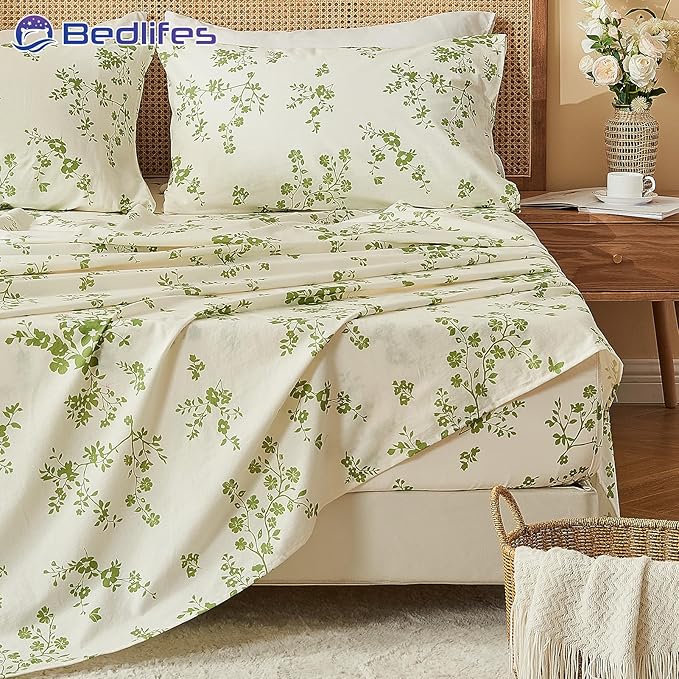 Bedlifes 100% French Linen Sheets Queen Size – Floral Printed, Botanical Pattern Breathable Cooling Sheet Set, 16" Deep Pocket, 4-Piece (Queen, Floral Green)