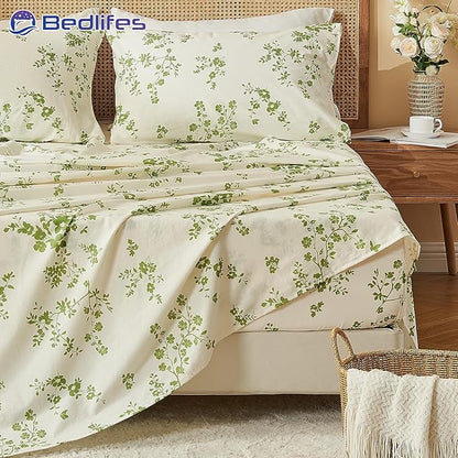 Bedlifes 100% French Linen Sheets Queen Size – Floral Printed, Botanical Pattern Breathable Cooling Sheet Set, 16" Deep Pocket, 4-Piece (Queen, Floral Green)