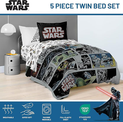Jay Franco Star Wars Comic Book Twin Size Comforter Set - 5 Piece Bedding Includes Sheet Set & Pillow Covers - Super Soft Cozy Kids Bedding