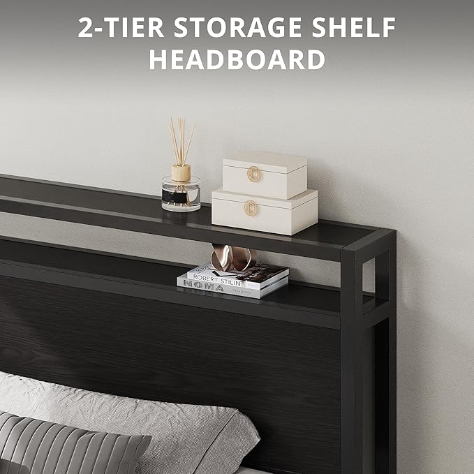 LIKIMIO King Bed Frame with Headboard, Dark Wood Camas King with Strong Supports, Sturdy, Noise-Free, No Box Spring Needed, Classic Black