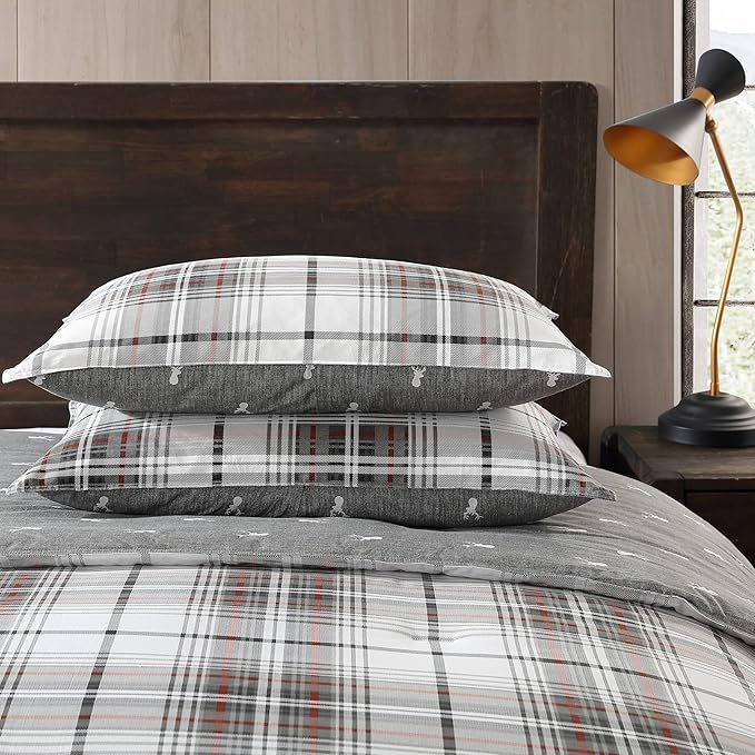 Eddie Bauer - King Comforter Set, Reversible Cotton Bedding with Matching Shams, Plaid Home Decor (Alder Red/Grey, King)