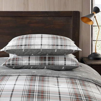 Eddie Bauer - King Comforter Set, Reversible Cotton Bedding with Matching Shams, Plaid Home Decor (Alder Red/Grey, King)