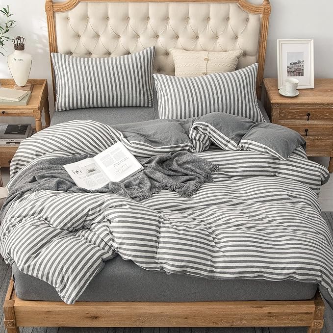 PURE ERA Jersey Knit Duvet Cover Set 100% T-Shirt Heather Cotton Super Soft Comfy Classic Striped Design, with Zipper Closure, Grey Stripe, Queen