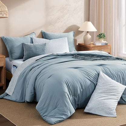 Monbix Super King Plus Size Comforter Set - 7 Pieces Dusty Blue Prewashed Bed in a Bag Bedding Sets with Comforters, All Seasons Ultra Soft Comforter Bed Set with Sheets, Pillowcases & Shams
