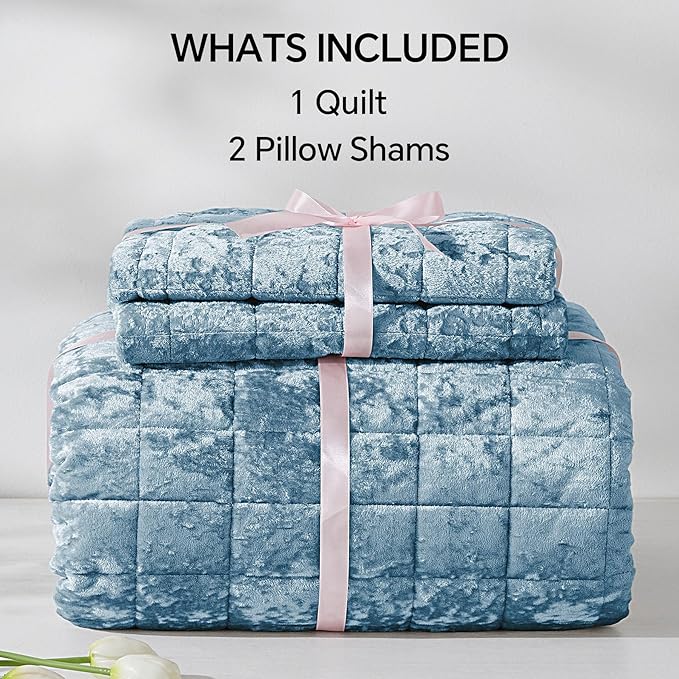 BEDELITE Velvet Quilt Set Queen Size - Luxury Velvet Comforter Bedding Set 3 Pieces, Lightweight Soft Cozy Shiny Dusty Blue Oversized Bedspread Coverlet for All Seasons with 2 Pillow Shams
