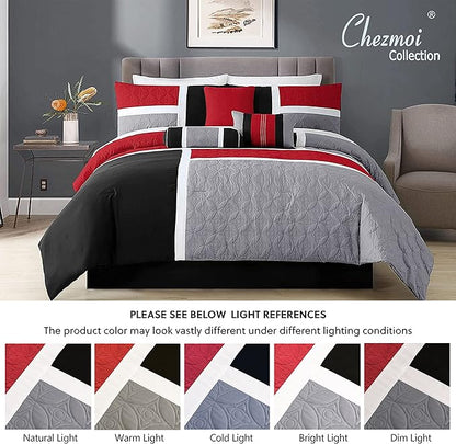 Chezmoi Collection 7-Piece Quilted Patchwork Comforter Set, Red/Gray/Black, King