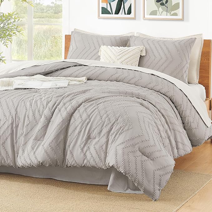 Litanika Linen Queen Size Comforter Sets, 3 Pieces Lightweight Chevron Tufted Bedding Comforter Set, Fluffy Down Alternative Comforter Bed Set Gift Choice (90x90In Comforter and 2 Pillowcases)