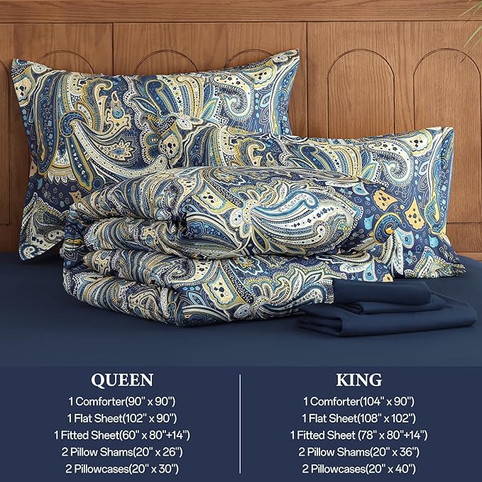DJY Paisley Comforter Set King Size Navy Gold Boho Bed in a Bag 7 Piece, Soft Microfiber Vintage Paisley Floral Pattern Complete Bedding Set for All Season (104''x90)
