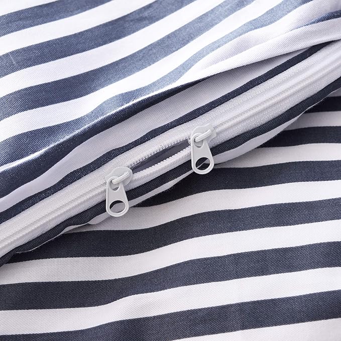 JELLYMONI 100% Natural Cotton 3pcs Striped Duvet Cover Sets,White with Navy Blue Stripes Pattern Printed Comforter Cover,with Zipper Closure & Corner Ties(Queen Size)