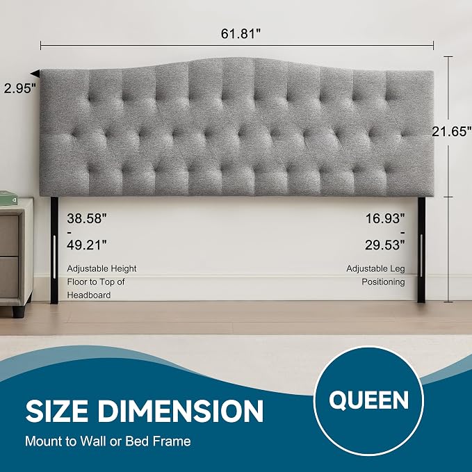 Tufted Upholstered Dorm Headboard Queen, Adjustable 38-50 in, Gray | Queen Size Upholstered Headboard for Dorm Rooms; Linen Fabric, Adjustable Height, Modern Diamond Design