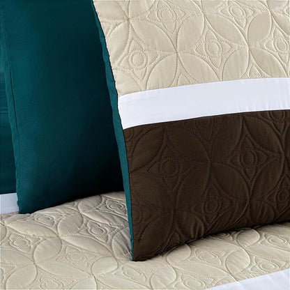 Chezmoi Collection Upland 7-Piece Quilted Patchwork Comforter Set, Teal/Beige/Brown, King