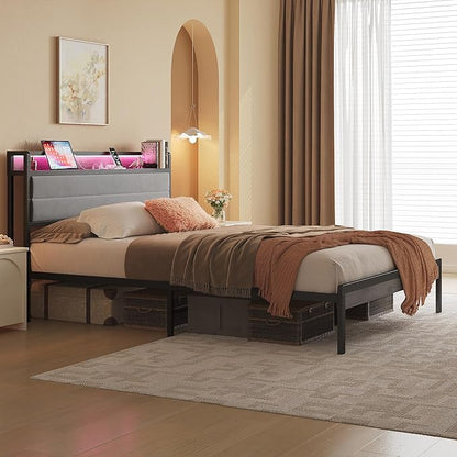 LIKIMIO Queen Bed Frame with Storage Headboard and LED Lights, Metal Platform Bed with Charging Station, Noise Free, No Box Spring Needed, Under Bed Storage, Charcoal Gray