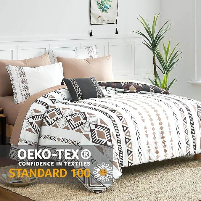 Geniospin Queen Comforter Set - 7 Pieces Reversible Bedding Set, Western Bed in A Bag, Lightweight Soft Aztec Bedding, All Season Bed Comforter Set with Sheets, Pillowcases & Shams