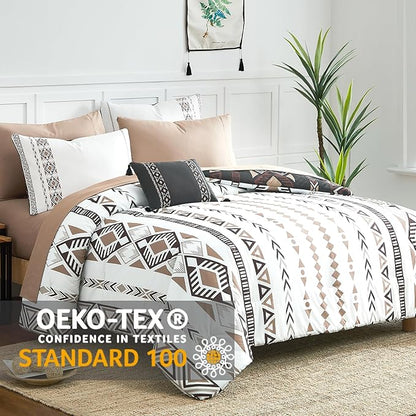 Geniospin Cal King Size Comforter Set- 7 Pieces Boho Bed in a Bag, Western Bedding Set for All Seasons, Reversible Aztec Bedding, Lightweight Comforter Bed Set with Sheets, Pillowcases & Shams