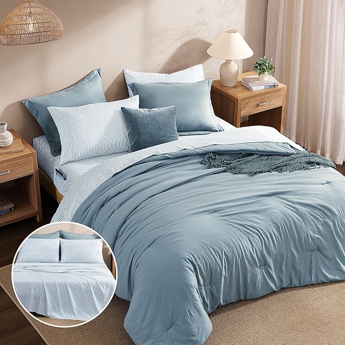 Monbix California King Size Comforter Set - 7 Pieces Dusty Blue Prewashed Bed in a Bag Bedding Sets with Comforters, All Seasons Ultra Soft Comforter Bed Set with Sheets, Pillowcases & Shams