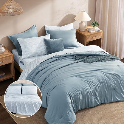 Monbix California King Size Comforter Set - 7 Pieces Dusty Blue Prewashed Bed in a Bag Bedding Sets with Comforters, All Seasons Ultra Soft Comforter Bed Set with Sheets, Pillowcases & Shams