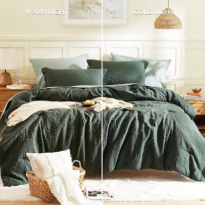 Geniospin Queen Comforter Set - 7 Pieces Dark Green Bedding Set, Botanical Textured Comforter Bed Set, All Season Lightweight Bed in a Bag with Comforter, Sheets, Pillowcases & Shams