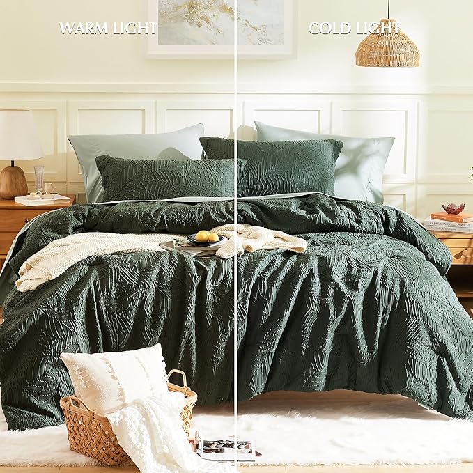 Geniospin King Size Comforter Set - 7 Pieces Dark Green Bedding Set, Botanical Textured Comforter Bed Set, All Season Lightweight Bed in a Bag with Comforter, Sheets, Pillowcases & Shams