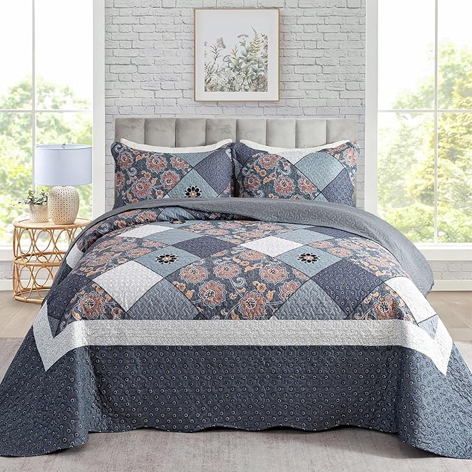 Travan 3-Piece Queen Bedspread Quilt Set Lightweight Coverlet Set Garden Style Floral Printed Oversized Quilted Bedding Set with Shams for All Season, Exquisite, Queen Size