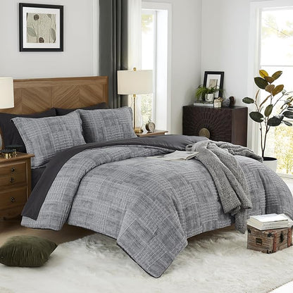 MaiRêve Charcoal Grey Oversized Queen Comforter Set, Textured Design Crinkle Bed in A Bag, 7 Pieces Bedding Set with Comforter, Sheets, Pillowcases & Shams 98"x 98"