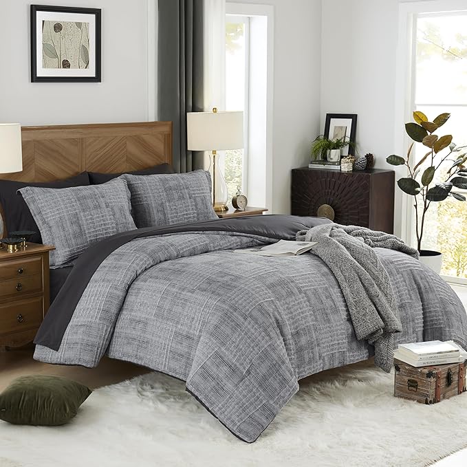 MaiRêve Charcoal Grey Full Comforter Set, Textured Design Grey Crinkle Bed in A Bag Full Size, Full Comforter Set with 7 Pieces with Comforter, Sheets, Pillowcases & Shams 80"x 90"