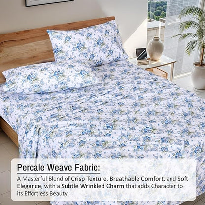 RUVANTI 100% Cotton Sheets – Full Size Percale Bedding, Cooling & Breathable Floral Design, Durable with a Crisp, Soft & Comfortable Feel, 16" Deep Pocket, 4-Piece Set, Paislyona