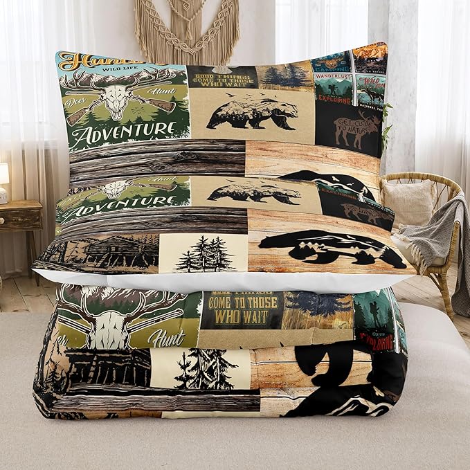 NINENINE Deer Bedding Camo Comforter Set Twin Bedding Set for Boys Hunting Bedding Set for Kids,Western Rustic Geometric Bedding with 1 Pillowcase
